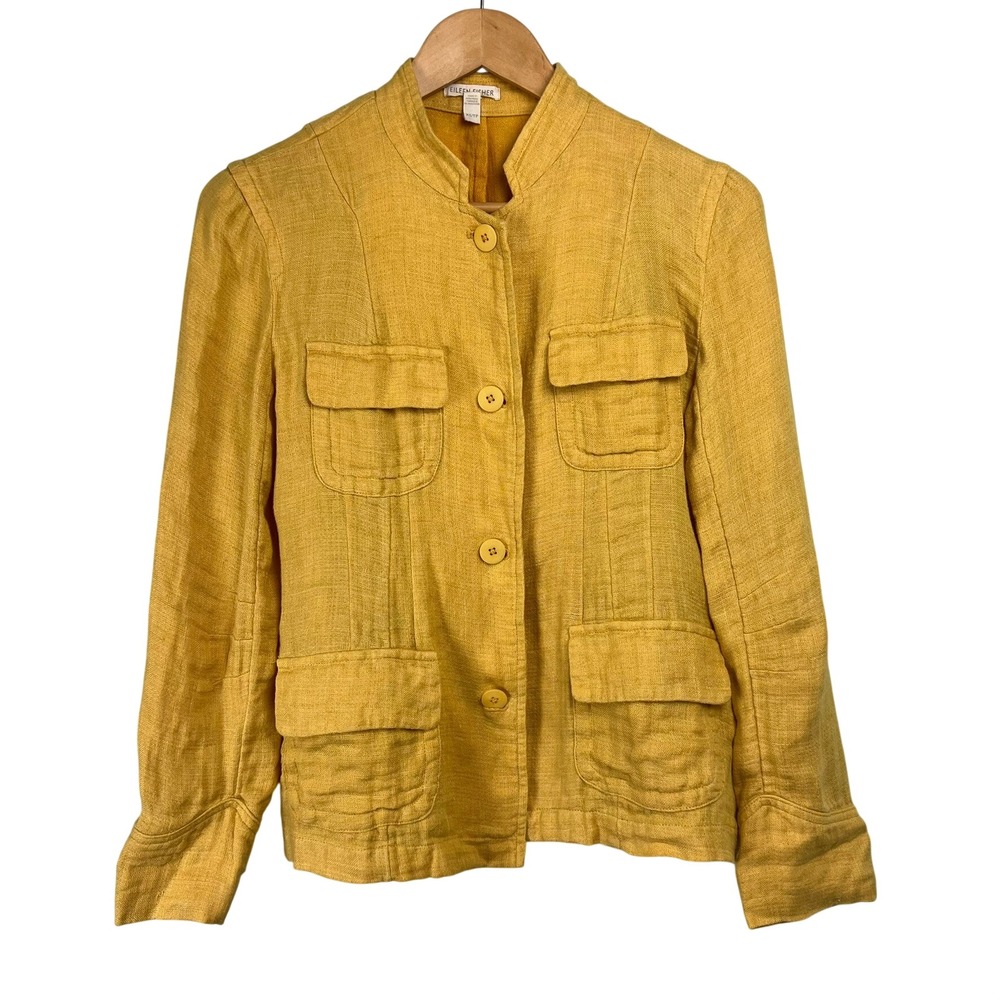 Eileen Fisher Yellow 100% Organic Linen Field Jacket Mandarin Collar XS Ofice